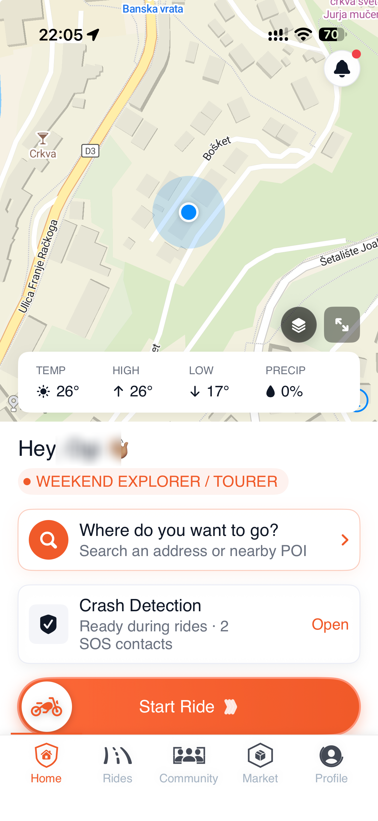 RiderShield home screen with live map and Start Ride button