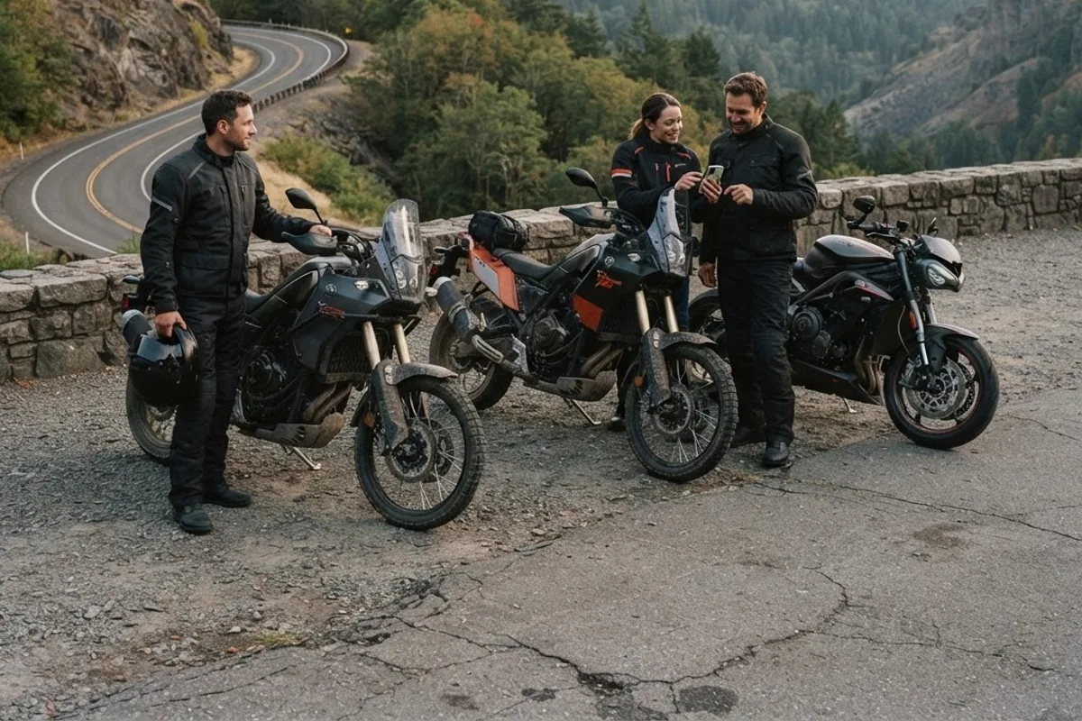 Motorcycle riders sharing a moment beside their parked bikes at a mountain overlook.