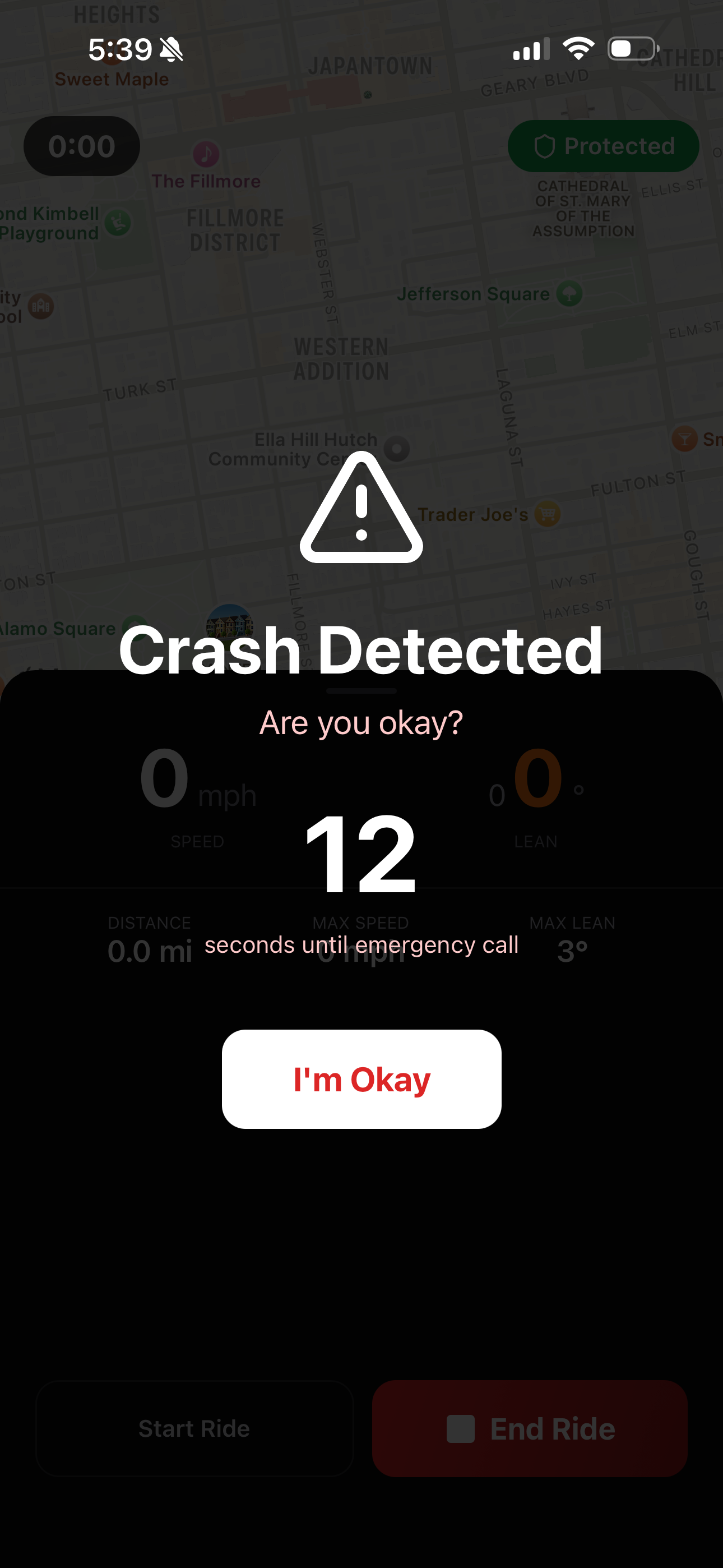 Crash detection alert on rider phone