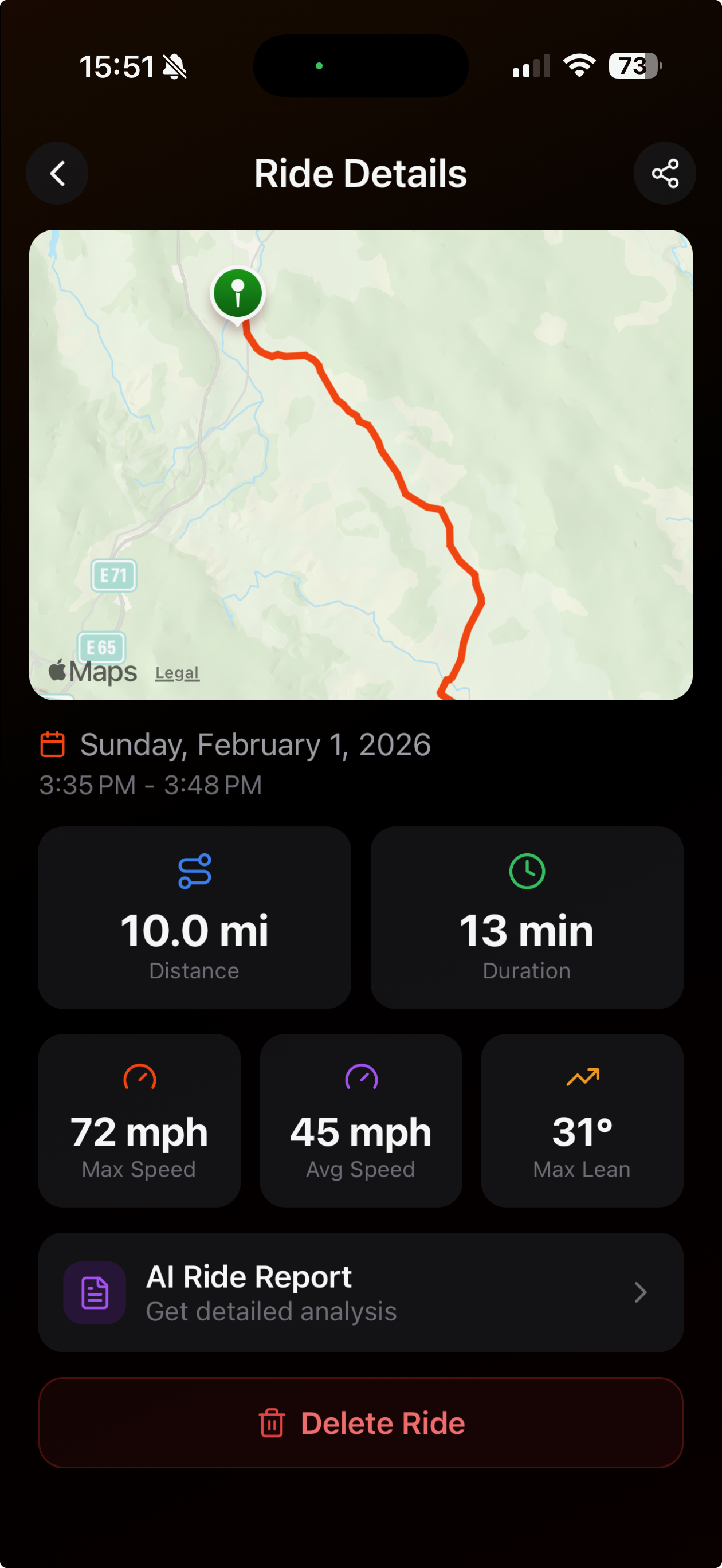 RiderShield Scout app showing ride details with GPS route map